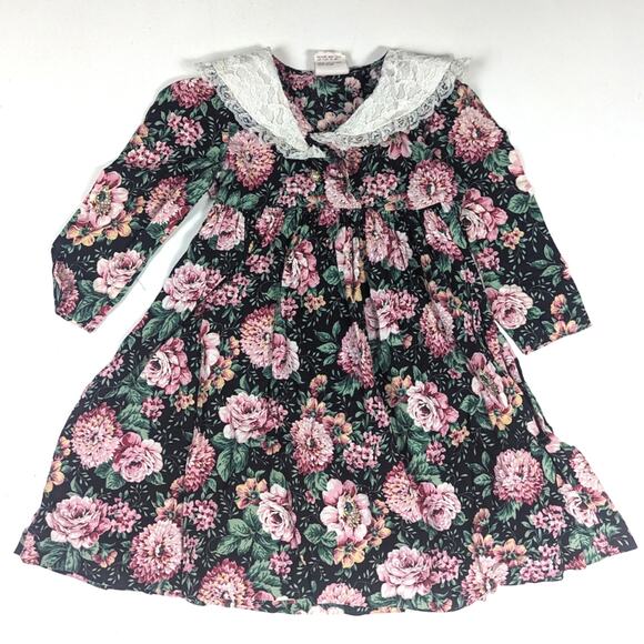 Vtg Too Sweet Dress Girls Sz 5 Black Floral 90s - Picture 1 of 6